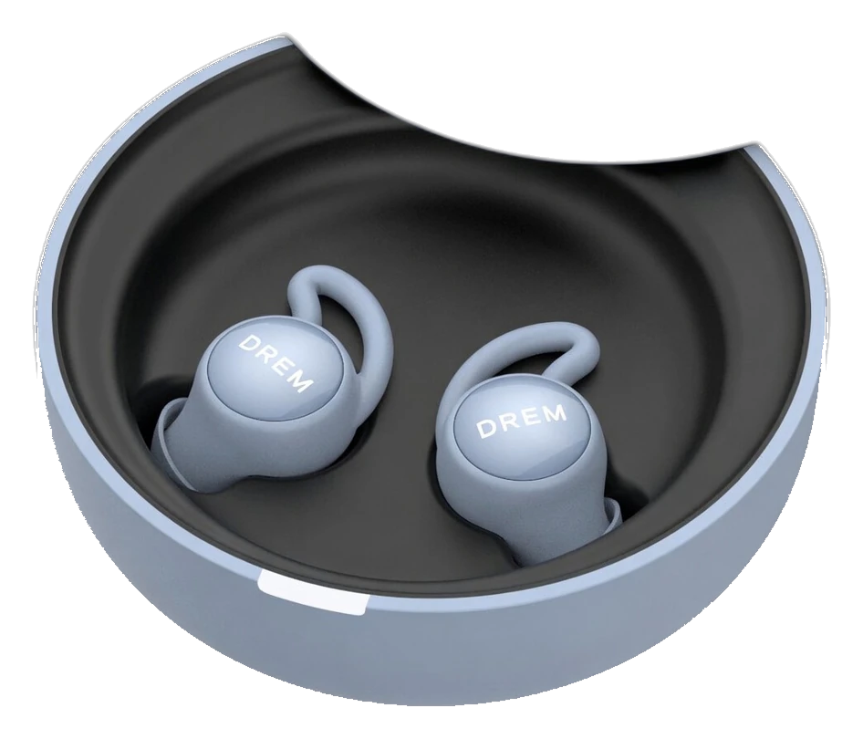 Blue DREM concept case open with sleep buds