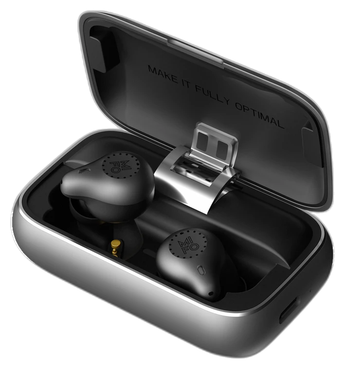 Open Mifo aluminium charging case with earbuds